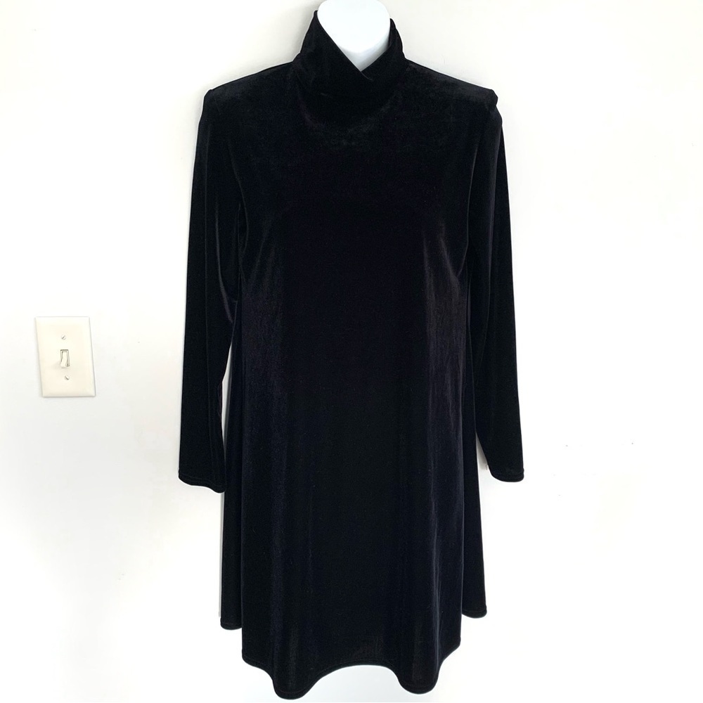 Vintage Velour Midi Dress Size 4P High Neck Long Sleeves Black